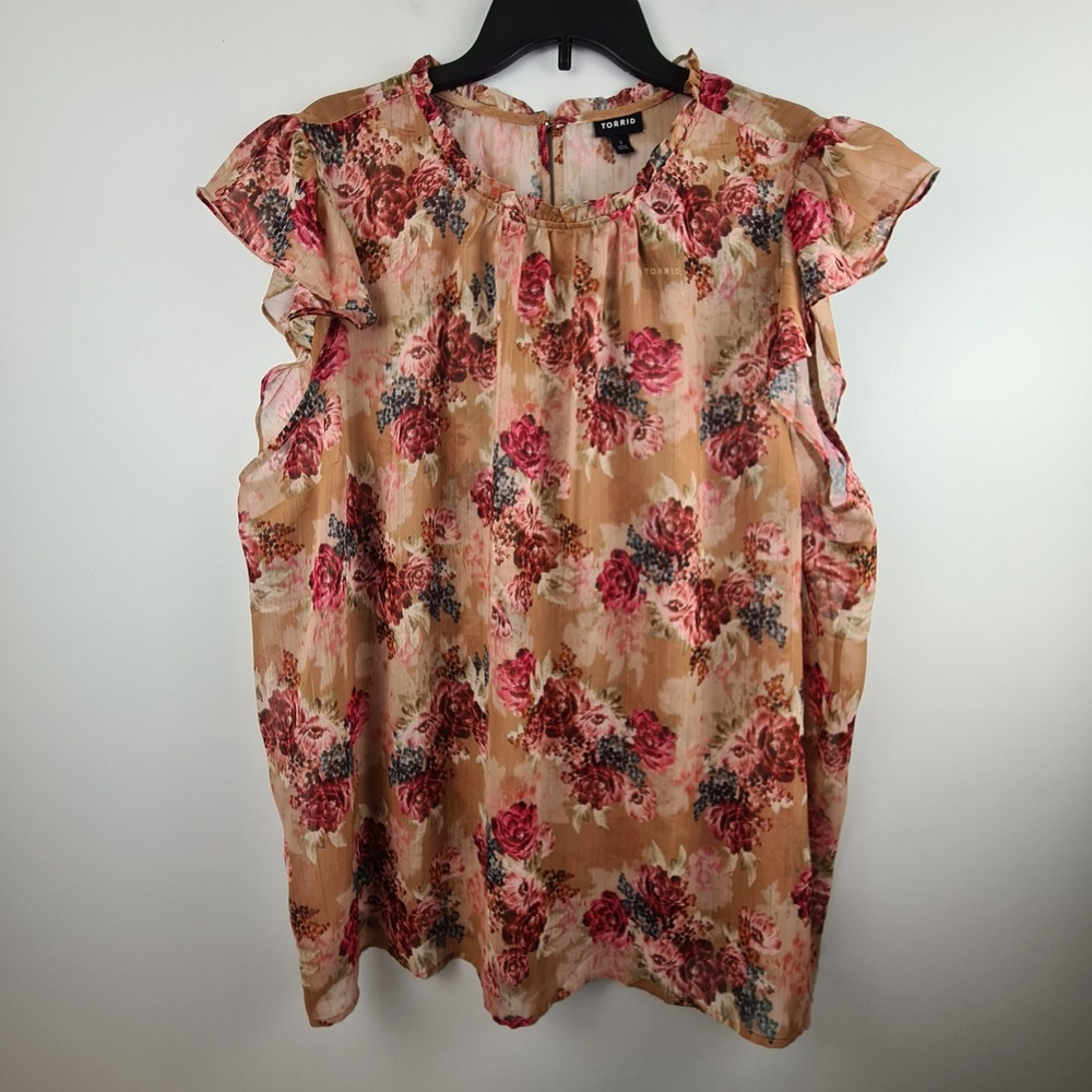 Torrid Women Plus 3 3X Tan Red Floral Chiffon Flutter Sleeve Metallic Blouse NEW - Picture 1 of 9